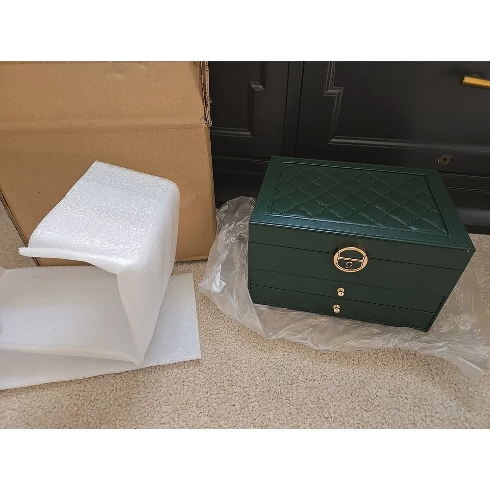 3 Layer PU Leather Soft‎ Lining Jewelry Box, Large Organizer for Women Green US